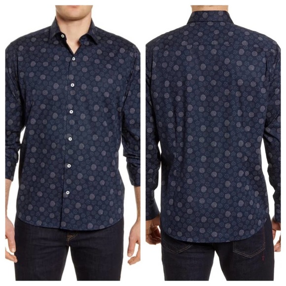 Bugatchi Other - Bugatchi Classic Fit NWT Men's Stretch Navy Blue Button Up Shirt Curved Hem L